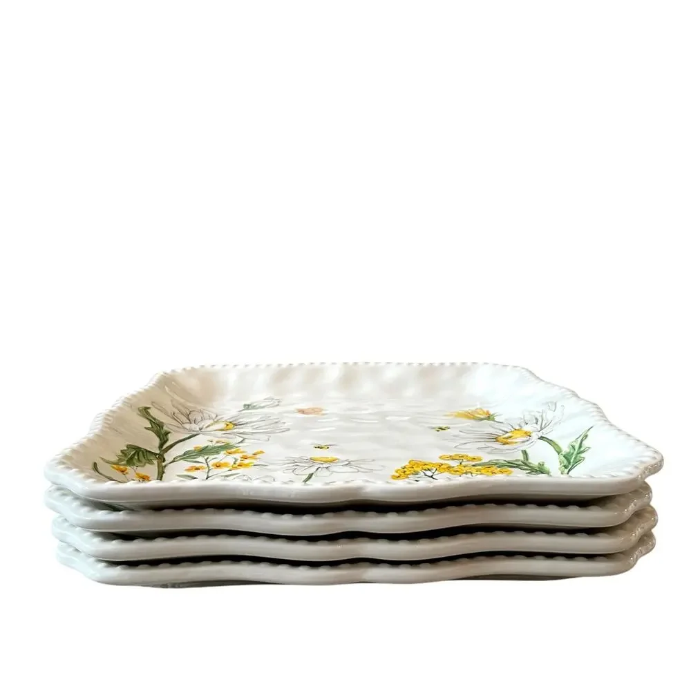 MAXCERA Spring Easter Bee Butterfly Daisy Square Dinner Plates Set of 4 New